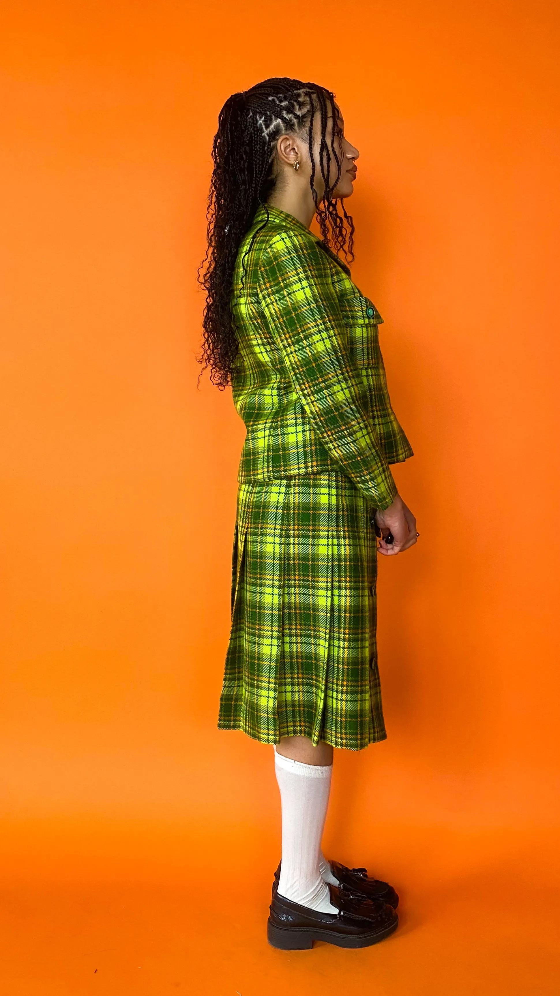 1960s Dior New York Lime Green Plaid Skirt Set, sz. M