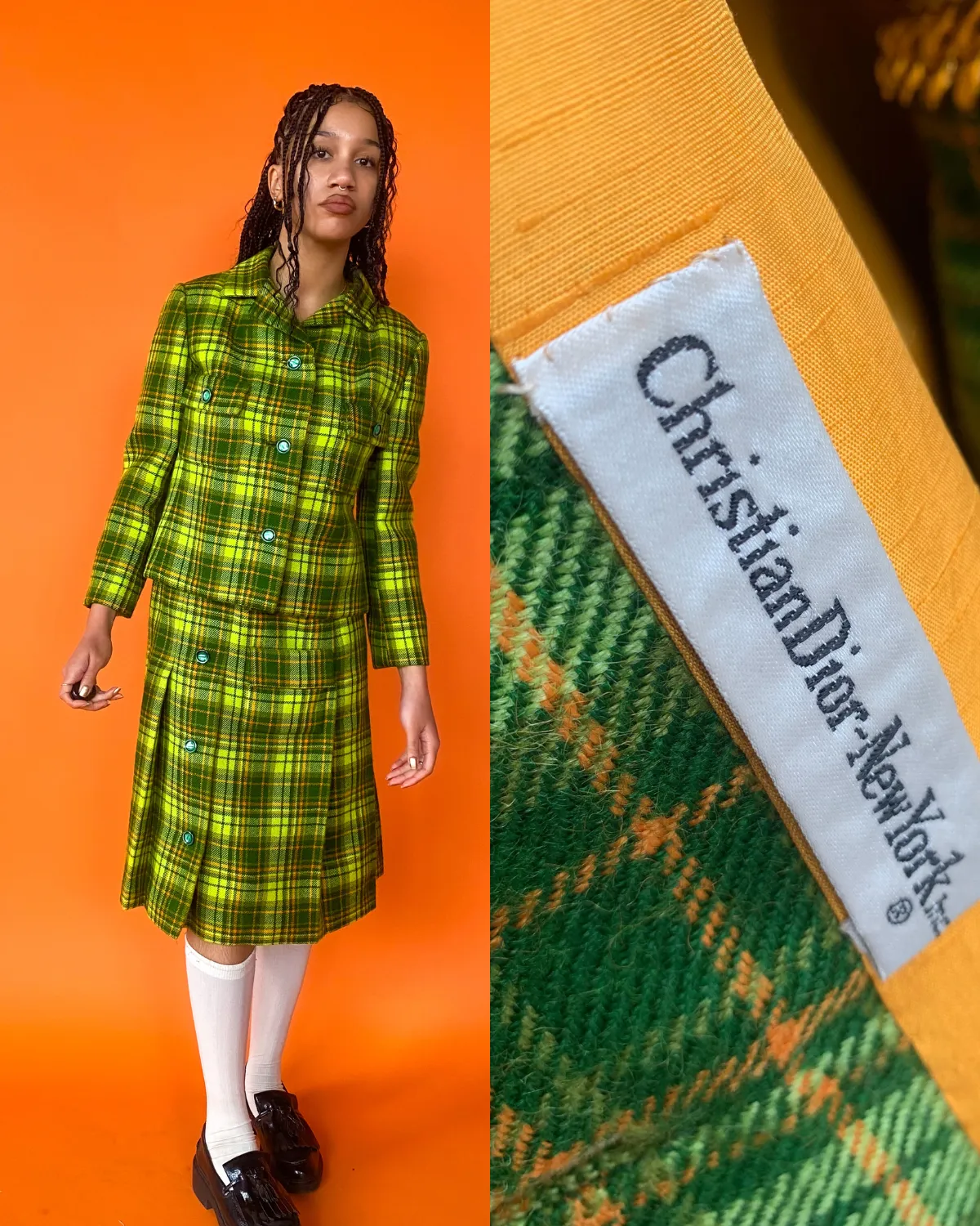 1960s Dior New York Lime Green Plaid Skirt Set, sz. M