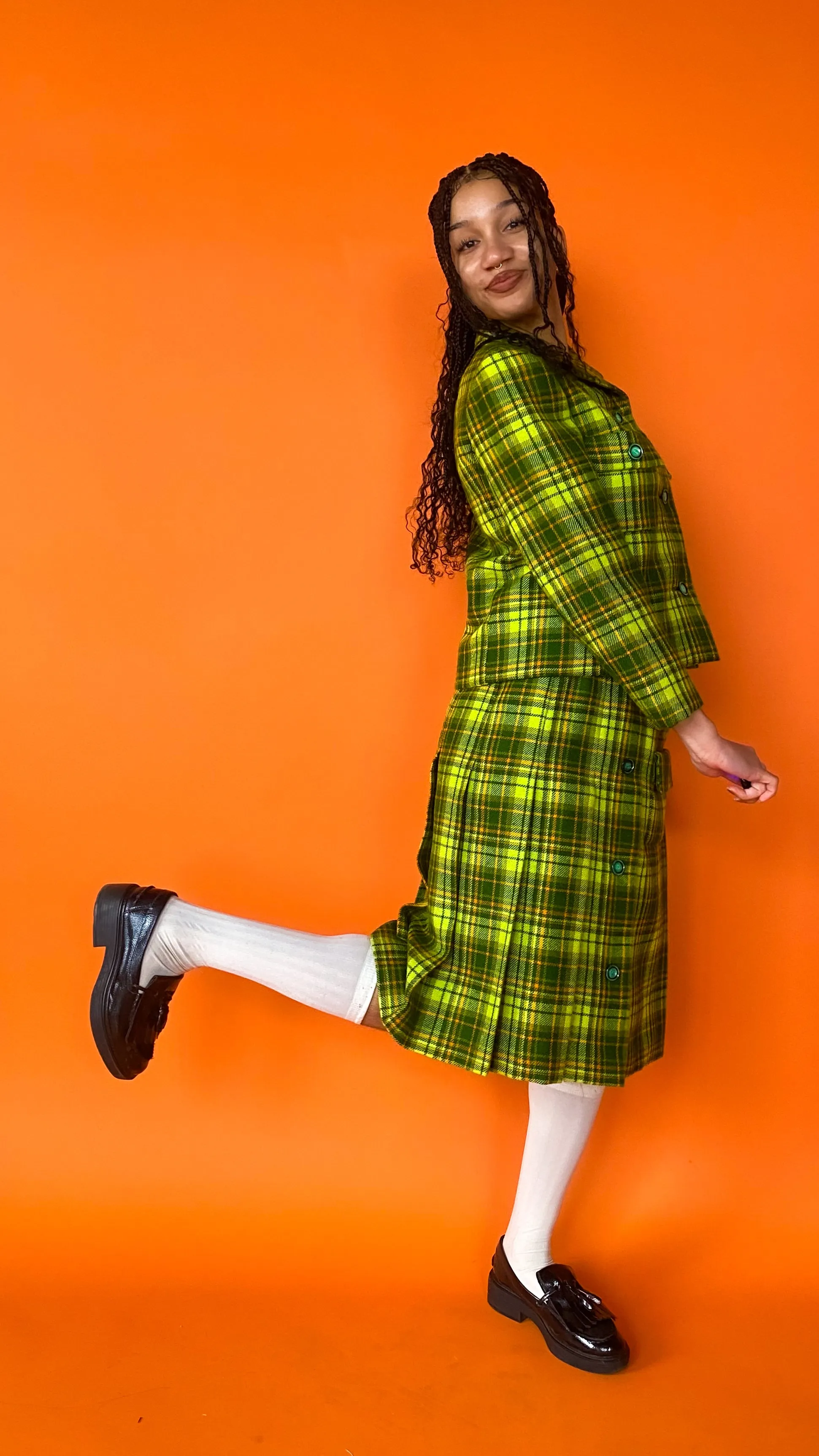 1960s Dior New York Lime Green Plaid Skirt Set, sz. M