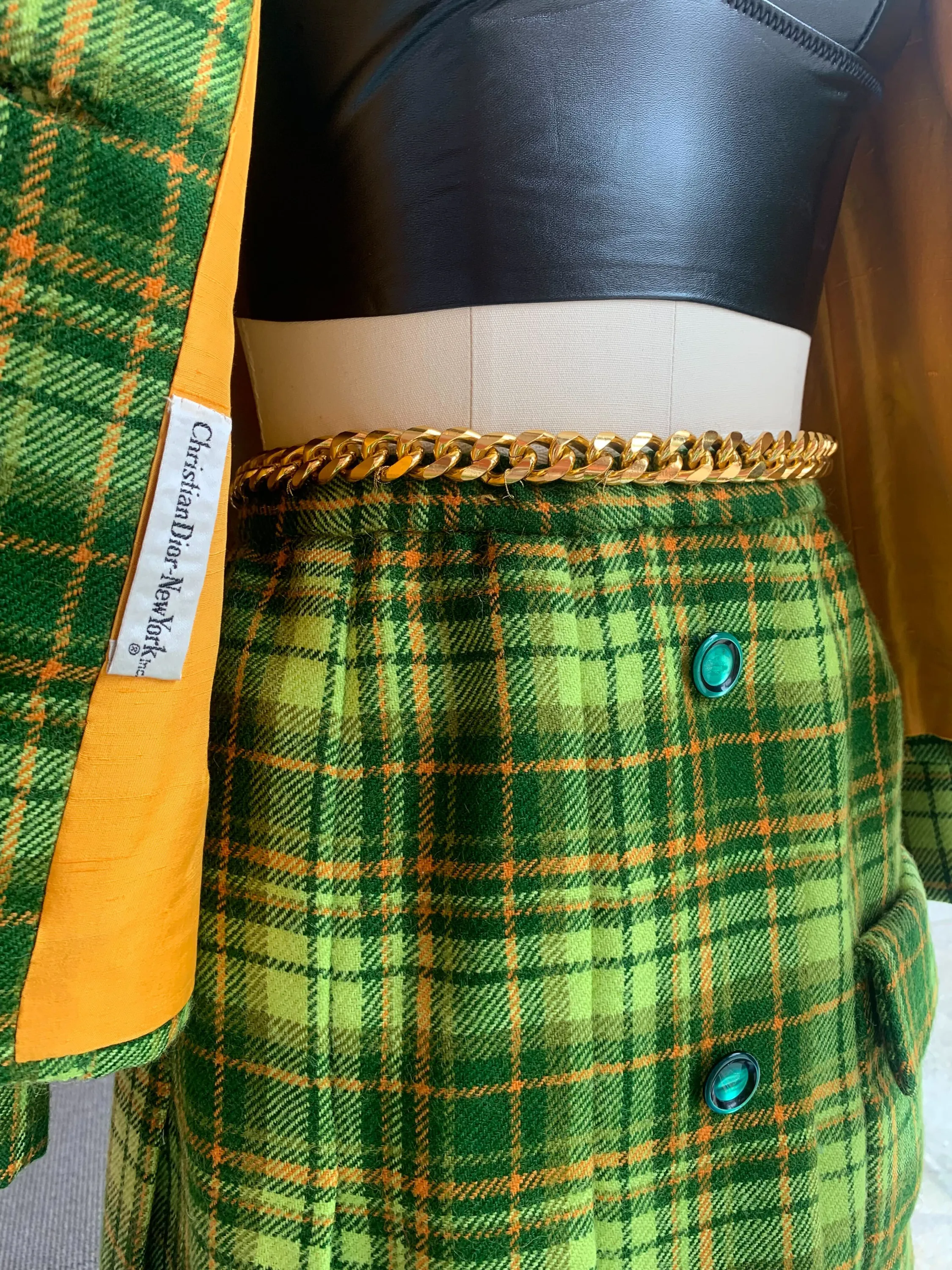 1960s Dior New York Lime Green Plaid Skirt Set, sz. M