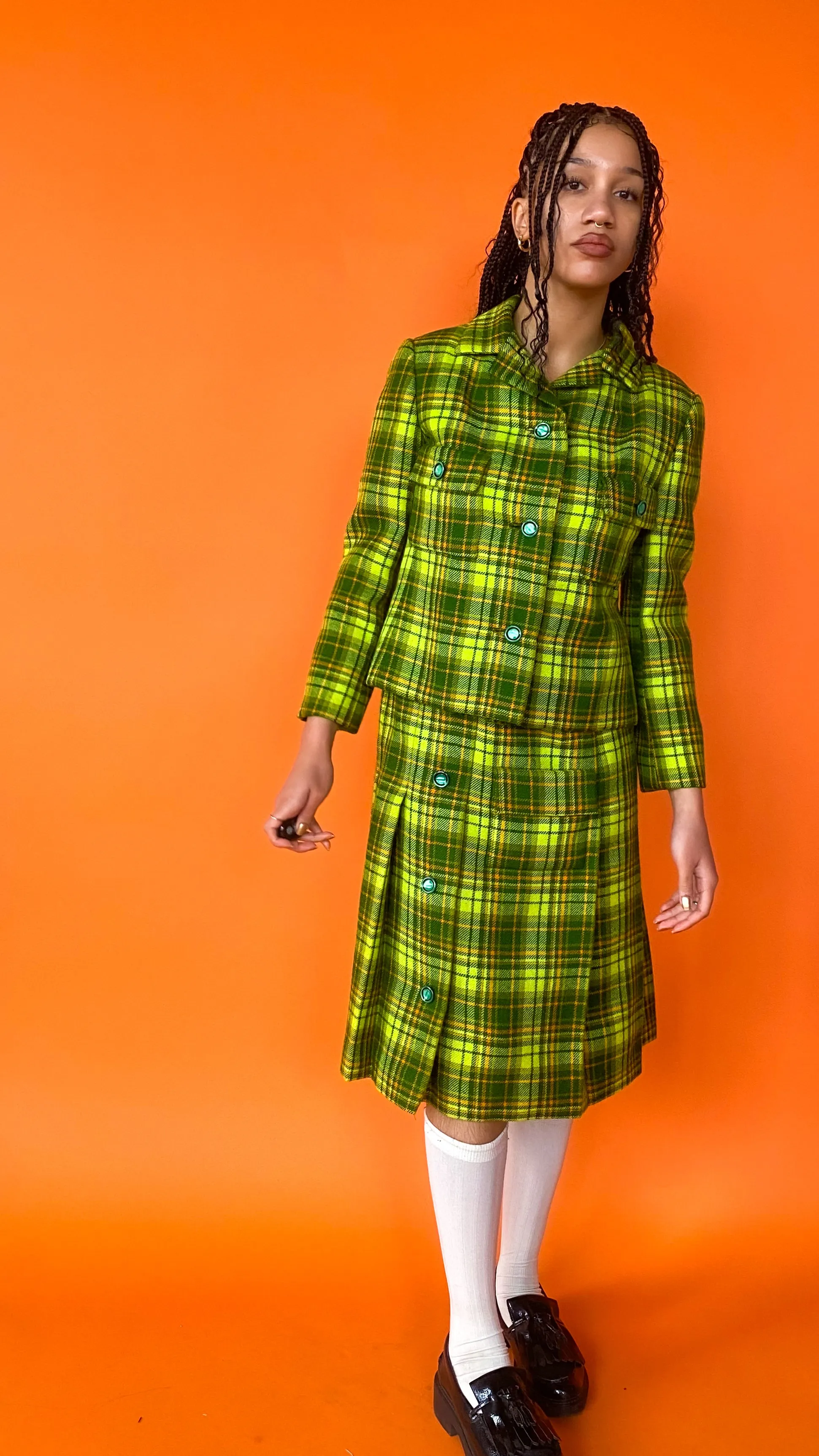 1960s Dior New York Lime Green Plaid Skirt Set, sz. M