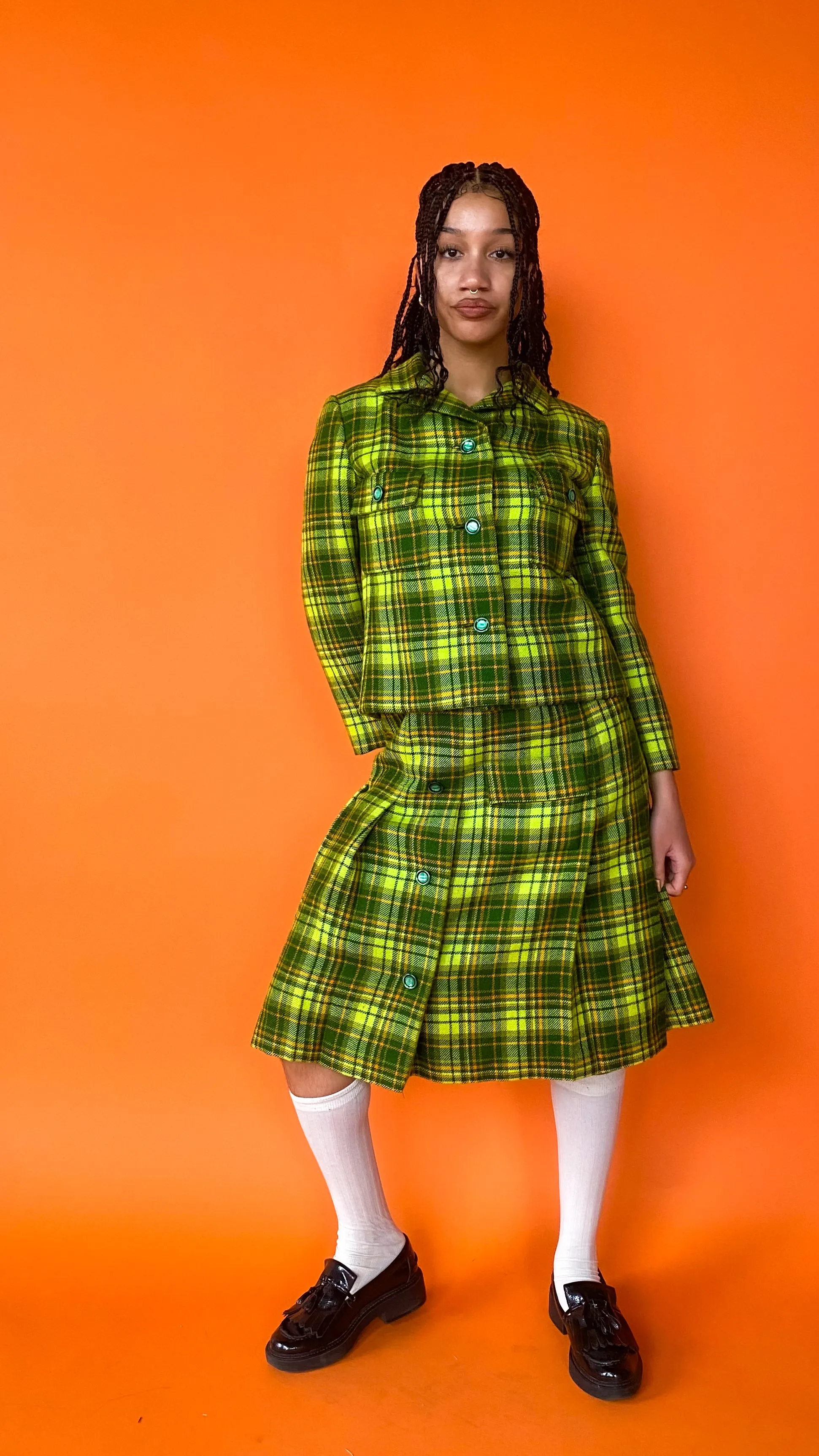 1960s Dior New York Lime Green Plaid Skirt Set, sz. M