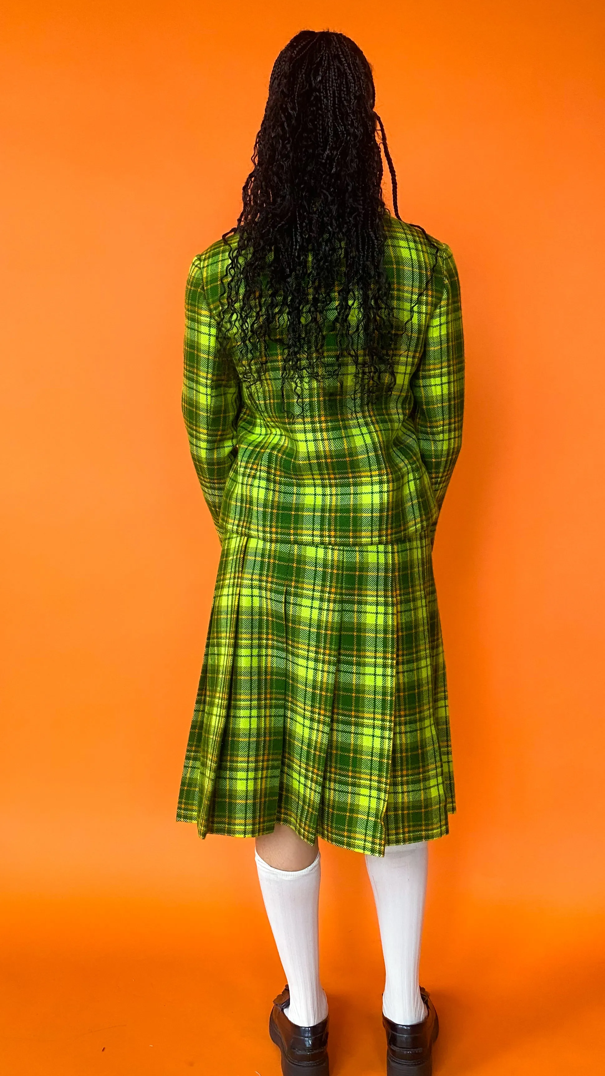 1960s Dior New York Lime Green Plaid Skirt Set, sz. M