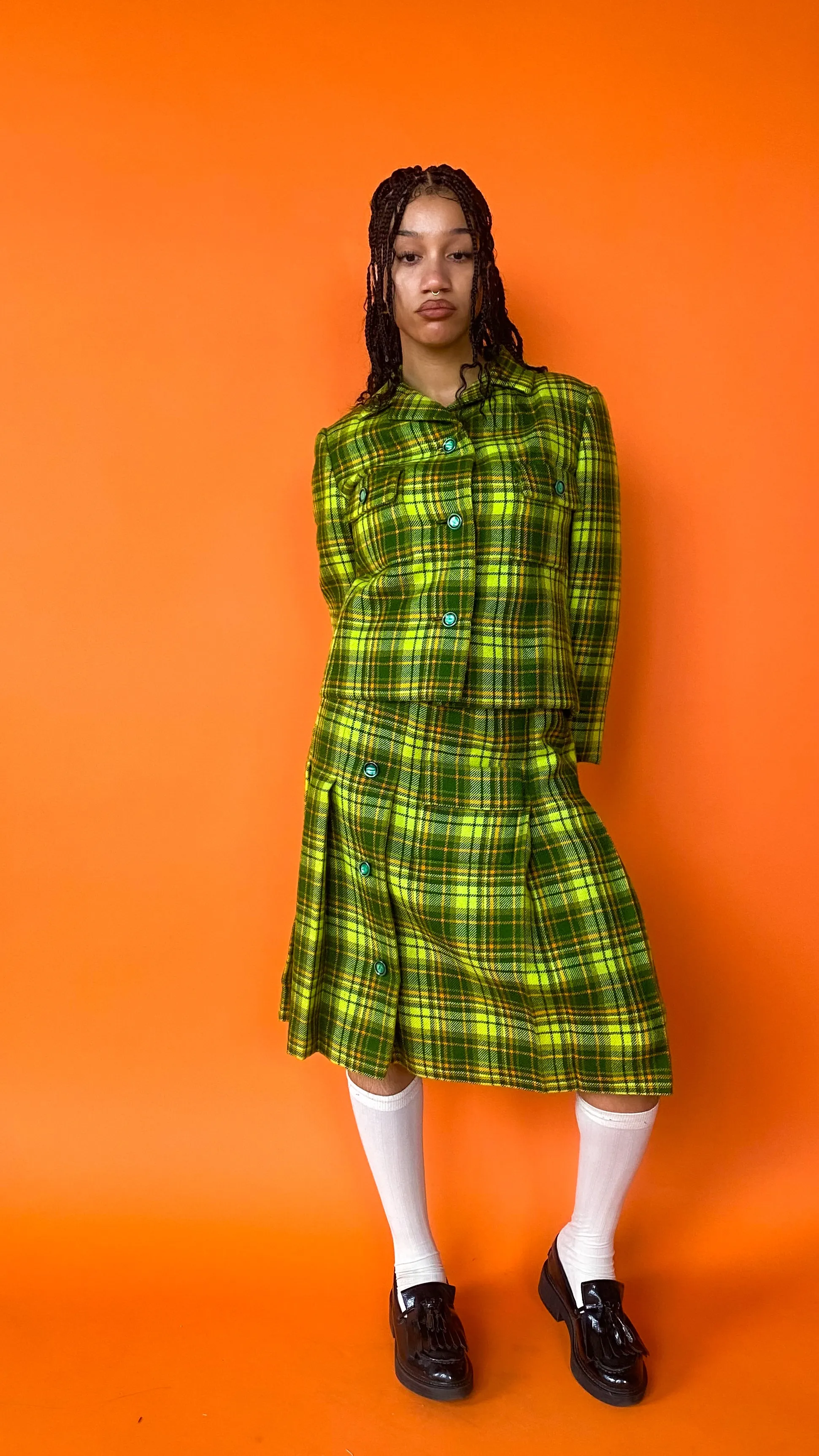 1960s Dior New York Lime Green Plaid Skirt Set, sz. M