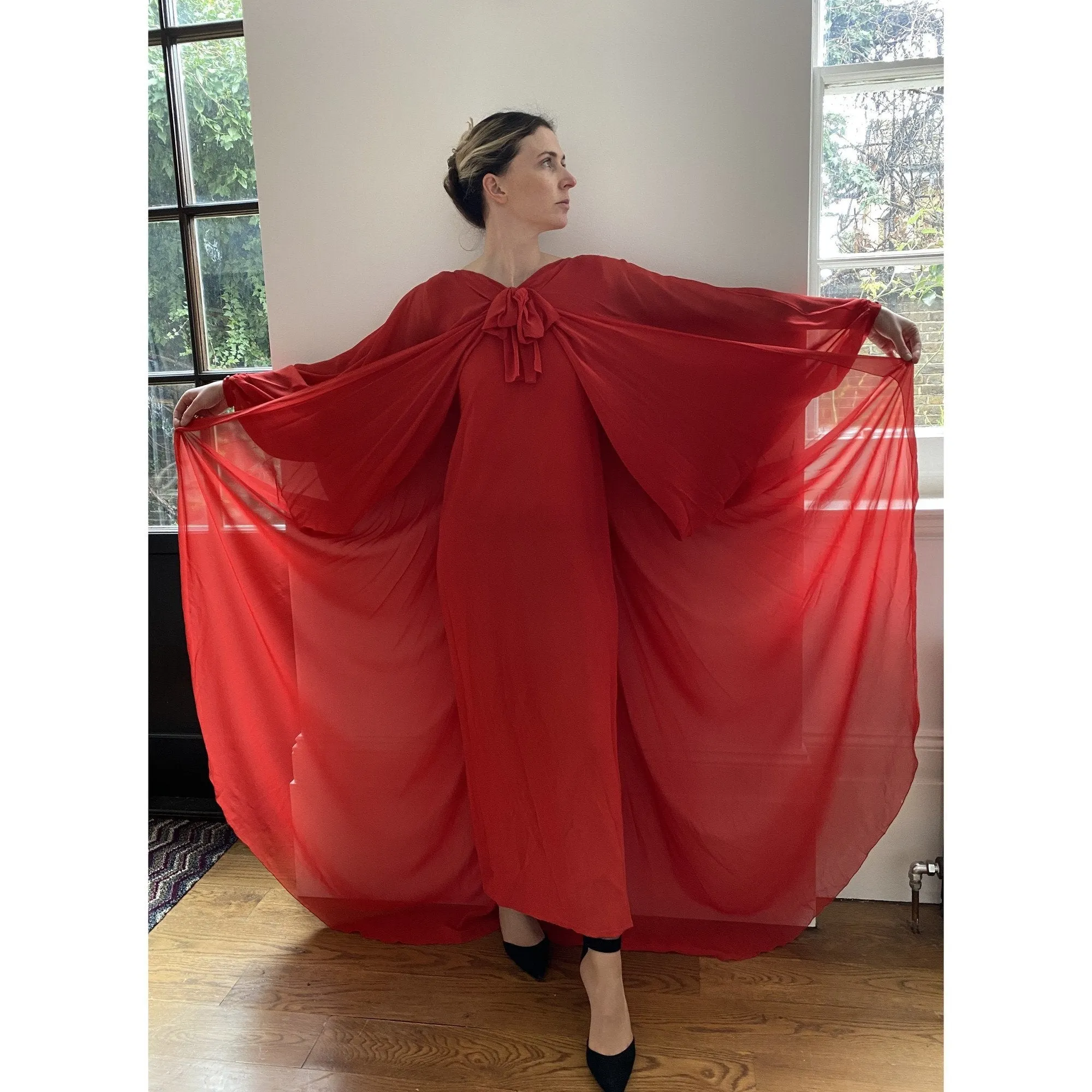 1970s Christian Dior Red Silk Chiffon Gown With Bow Detail