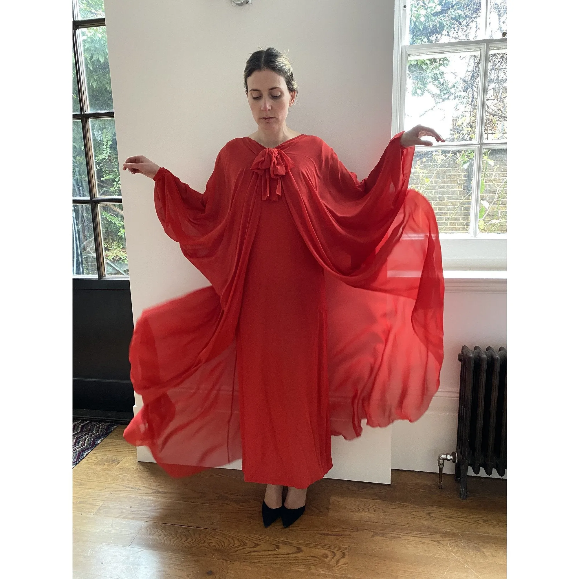 1970s Christian Dior Red Silk Chiffon Gown With Bow Detail