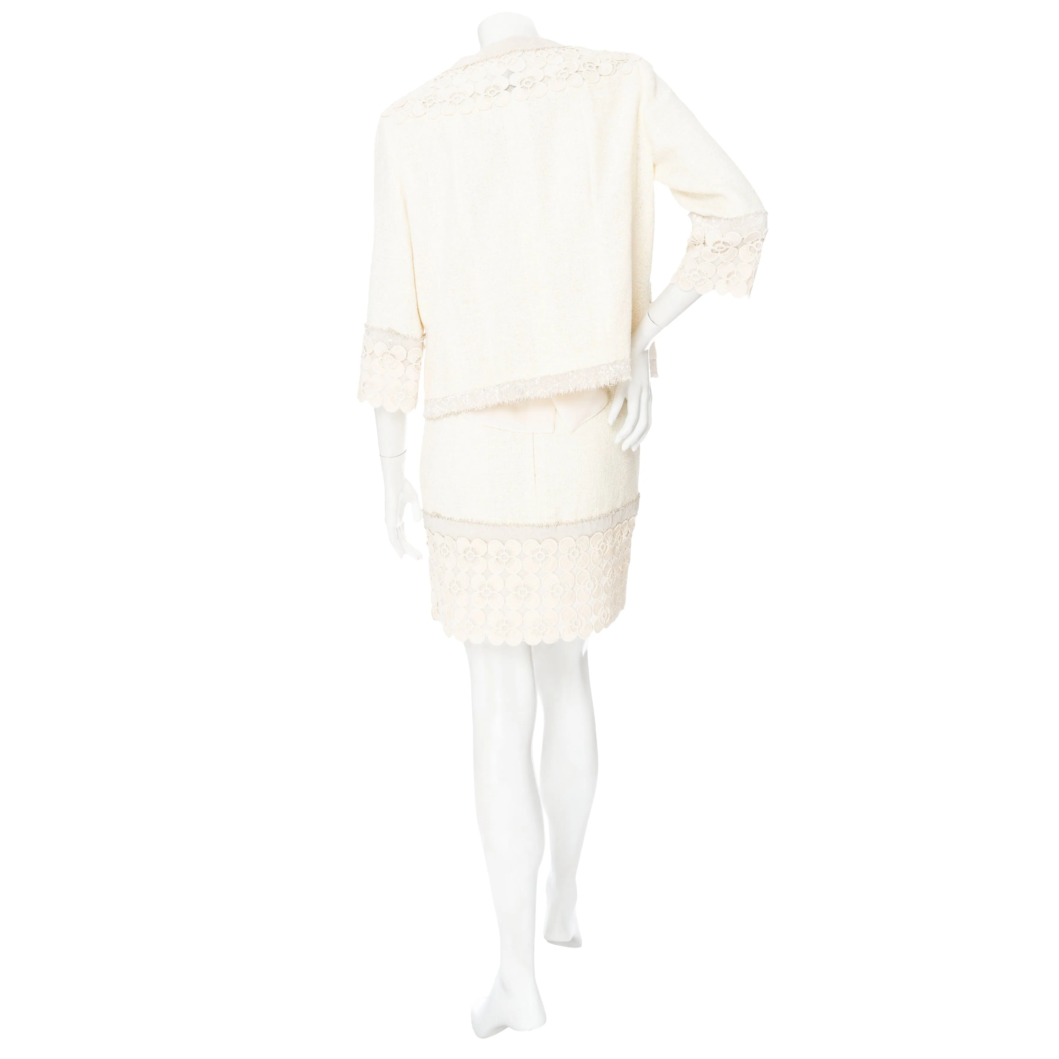 2011 Ivory Cotton-Blend Tweed and Camelia Lace Beaded Skirt Suit