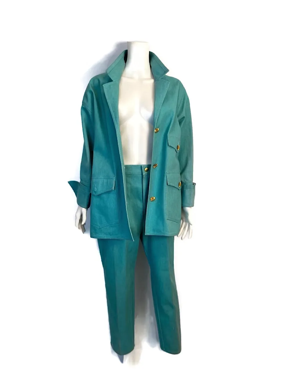 92P, 1992 Spring Chanel Green Denim 2 piece Jacket Pant Suit Oversized FR 34 US 4/6/8