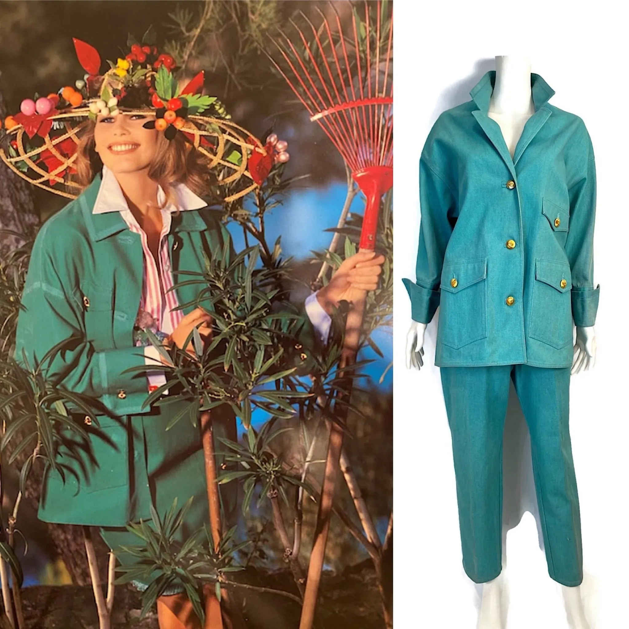 92P, 1992 Spring Chanel Green Denim 2 piece Jacket Pant Suit Oversized FR 34 US 4/6/8