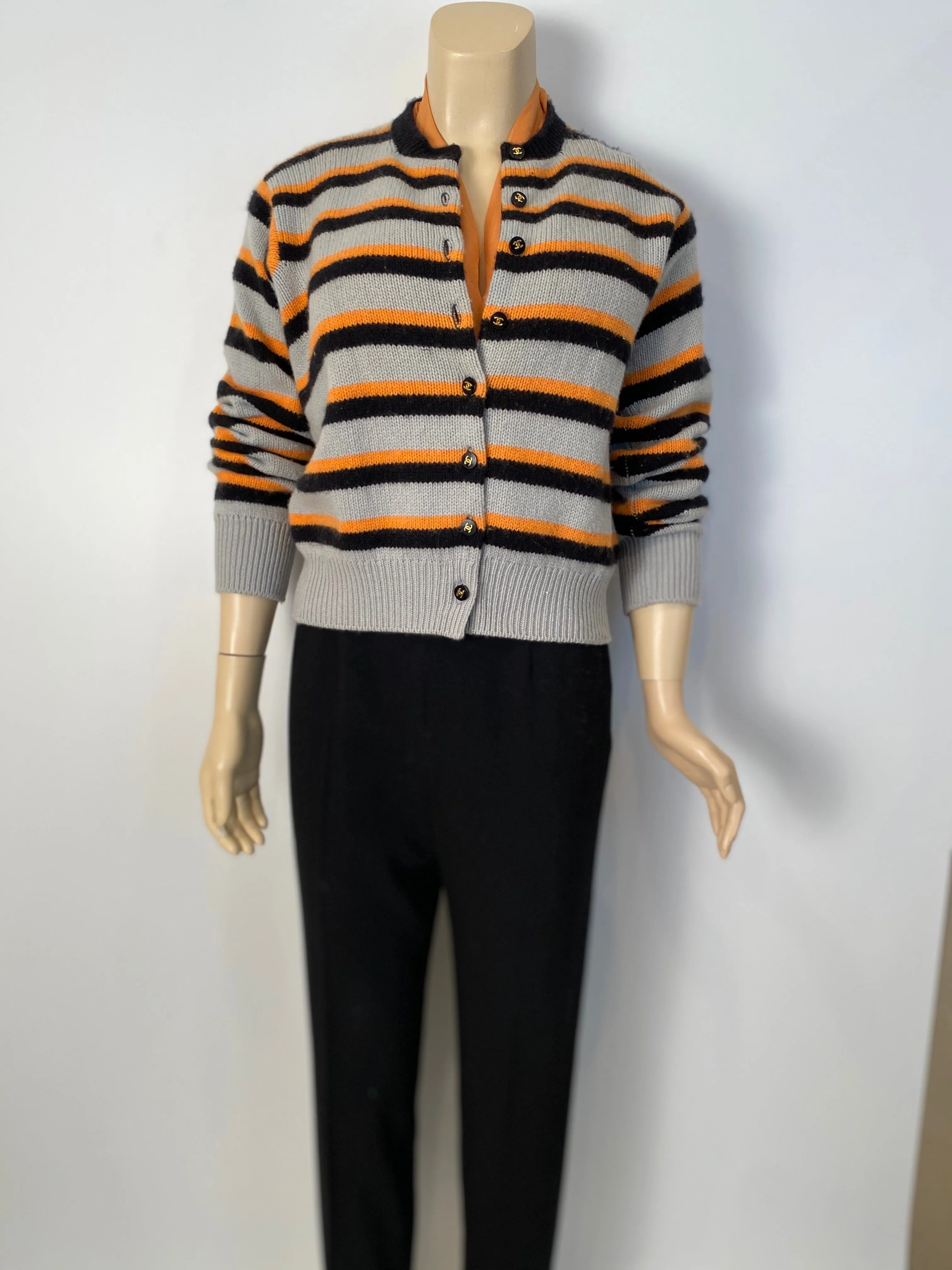 96A, 1996 Fall Chanel vintage gray peach striped cashmere cardigan FR 44