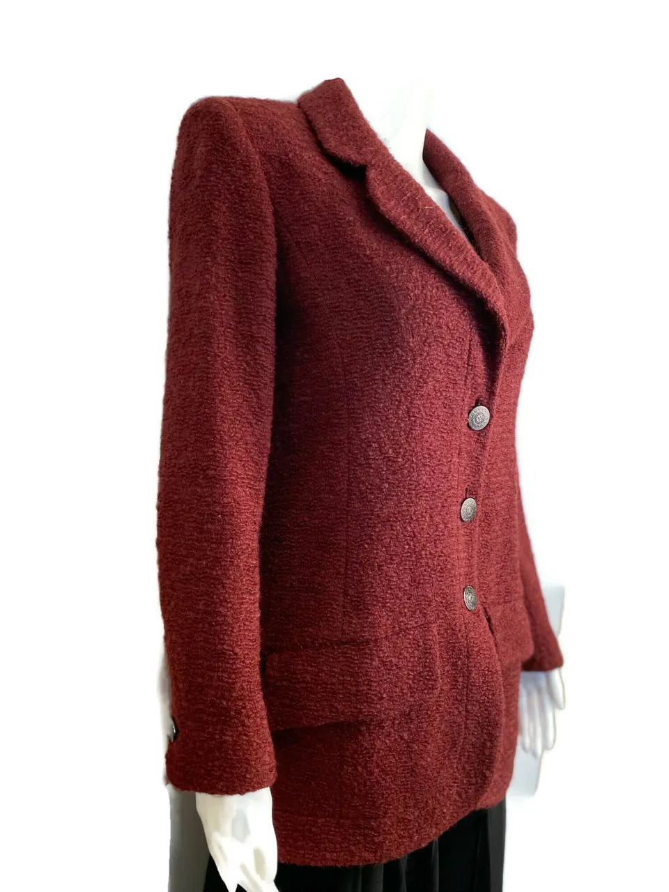 97A, 1997 Fall Vintage Chanel Mahogany Rust Boucle Blazer Jacket FR 38