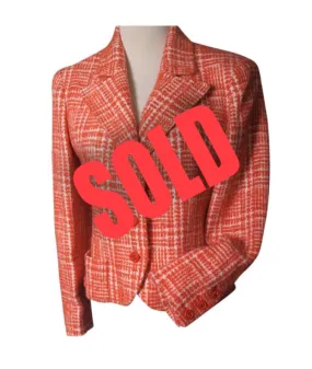 97P, 1997 Spring Chanel Boutique Vintage Orange Plaid Tweed Blazer Dress Jacket US 8