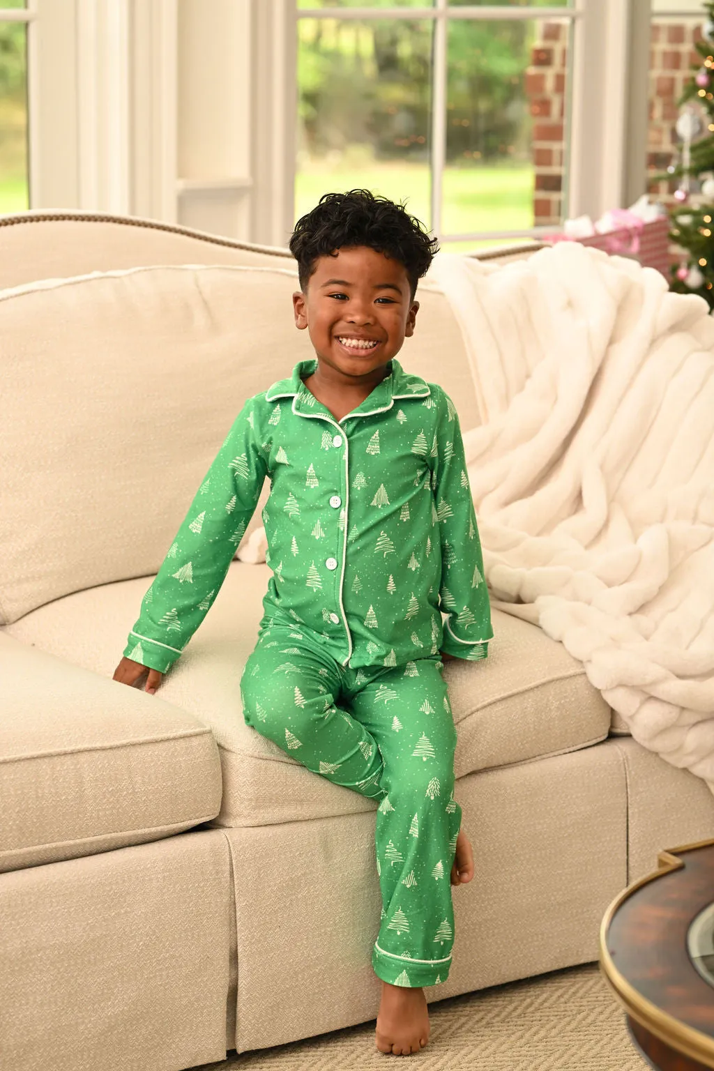 Button Down Pajamas- White Trees On Green Holiday Lounge PREORDER