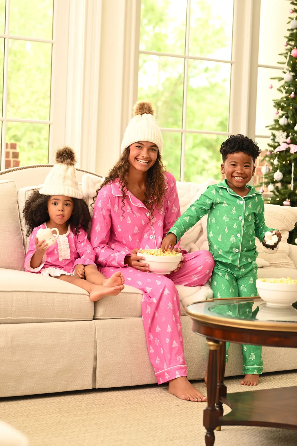 Button Down Pajamas- White Trees On Green Holiday Lounge PREORDER