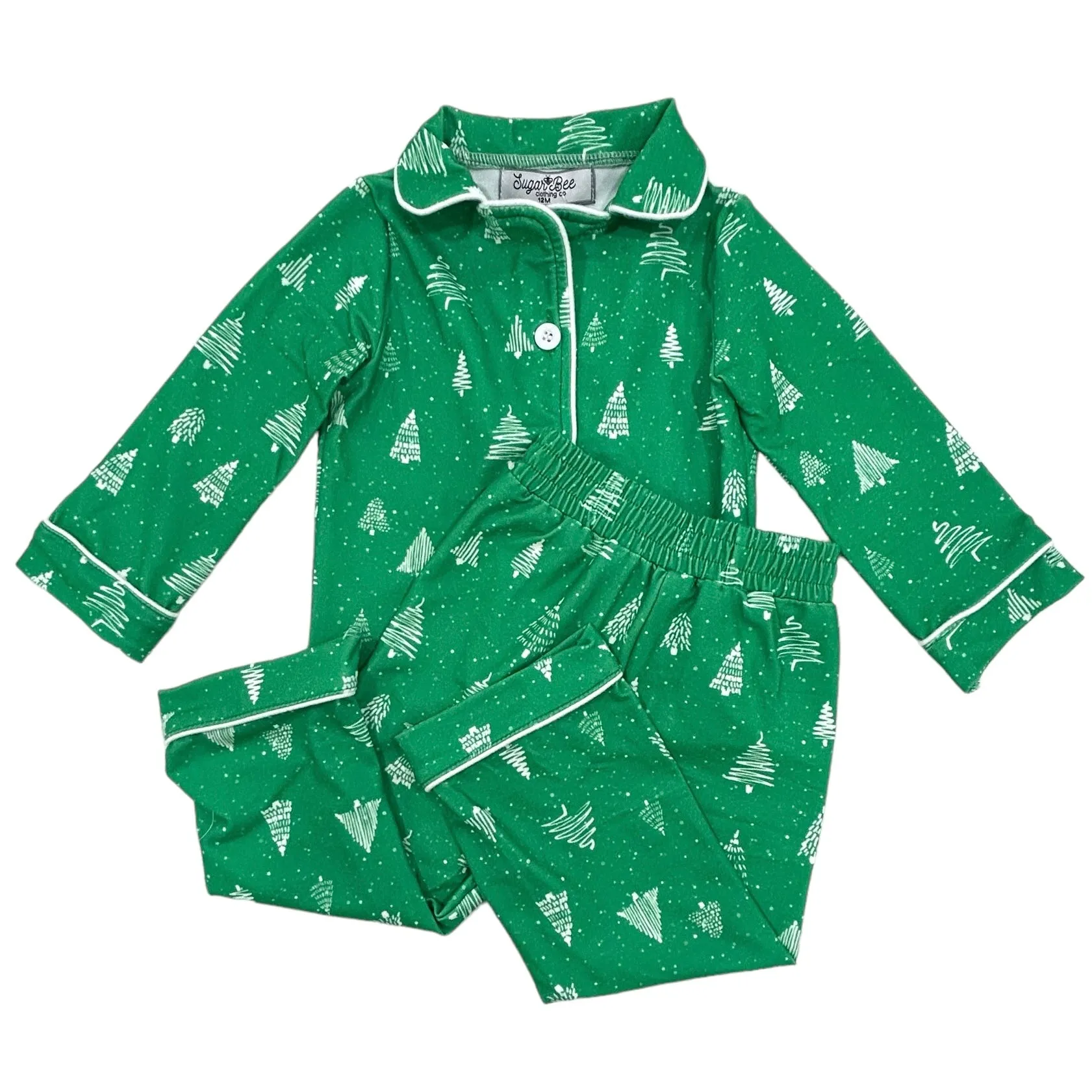 Button Down Pajamas- White Trees On Green Holiday Lounge PREORDER