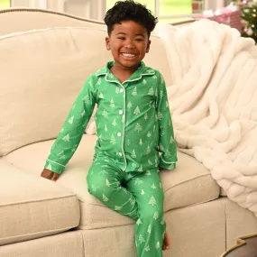 Button Down Pajamas- White Trees On Green Holiday Lounge PREORDER