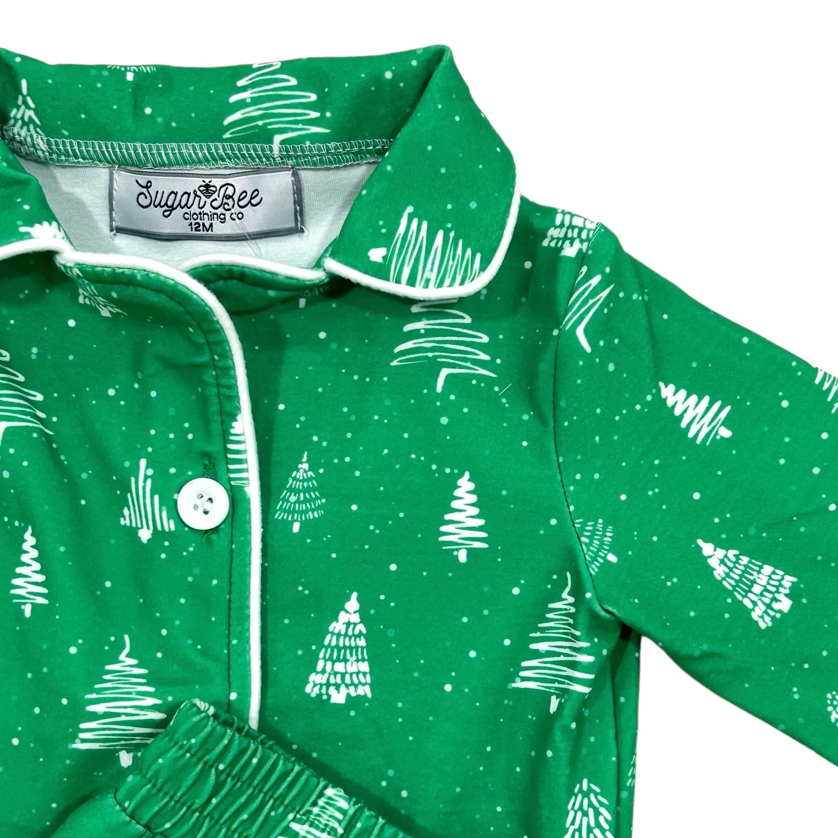 Button Down Pajamas- White Trees On Green Holiday Lounge PREORDER