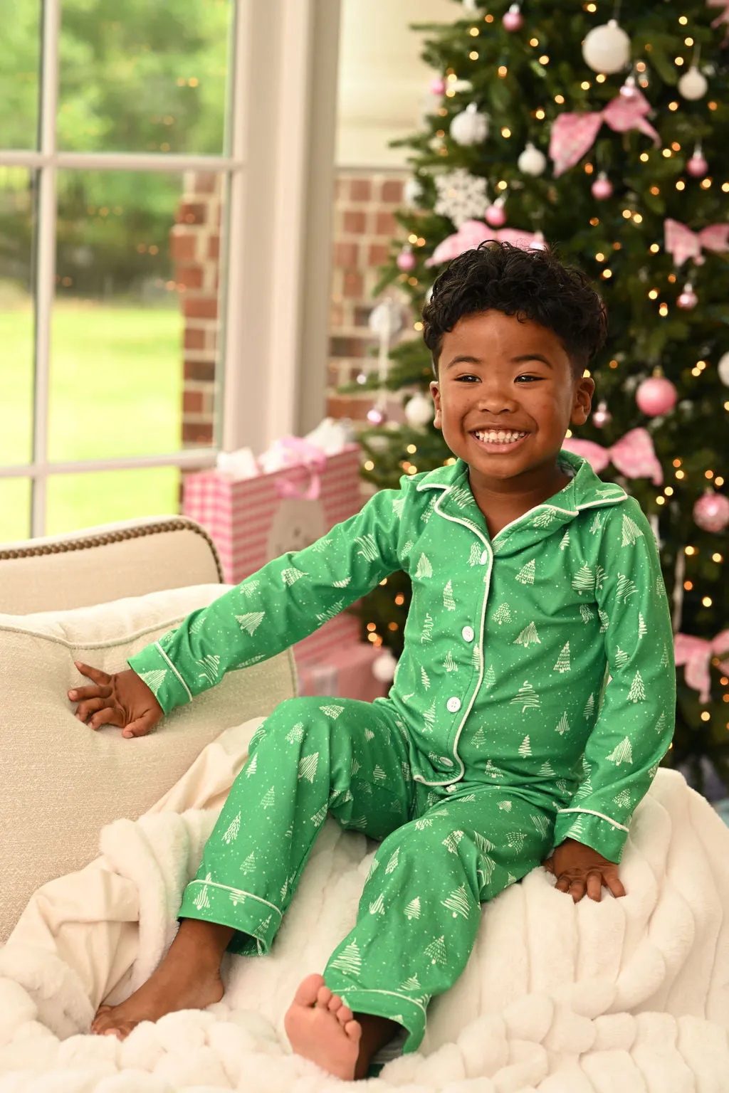 Button Down Pajamas- White Trees On Green Holiday Lounge PREORDER