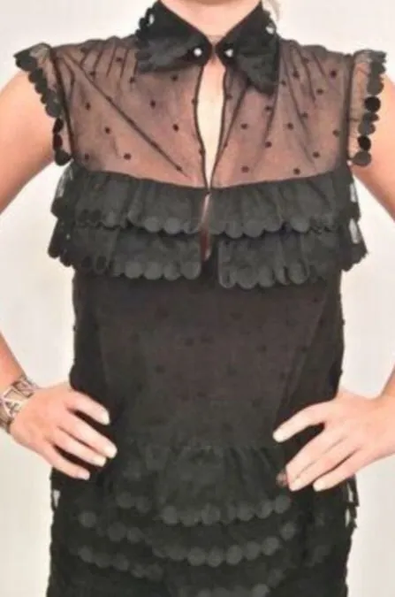 Chanel 04P 2004 Spring Black Sheer Lace Pearl Top Blouse lace, pearls,rufflesUS 6