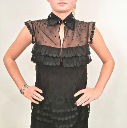 Chanel 04P 2004 Spring Black Sheer Lace Pearl Top Blouse lace, pearls,rufflesUS 6