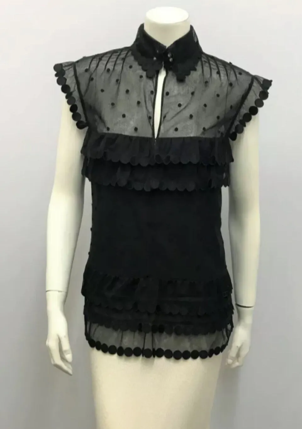 Chanel 04P 2004 Spring Black Sheer Lace Pearl Top Blouse lace, pearls,rufflesUS 6