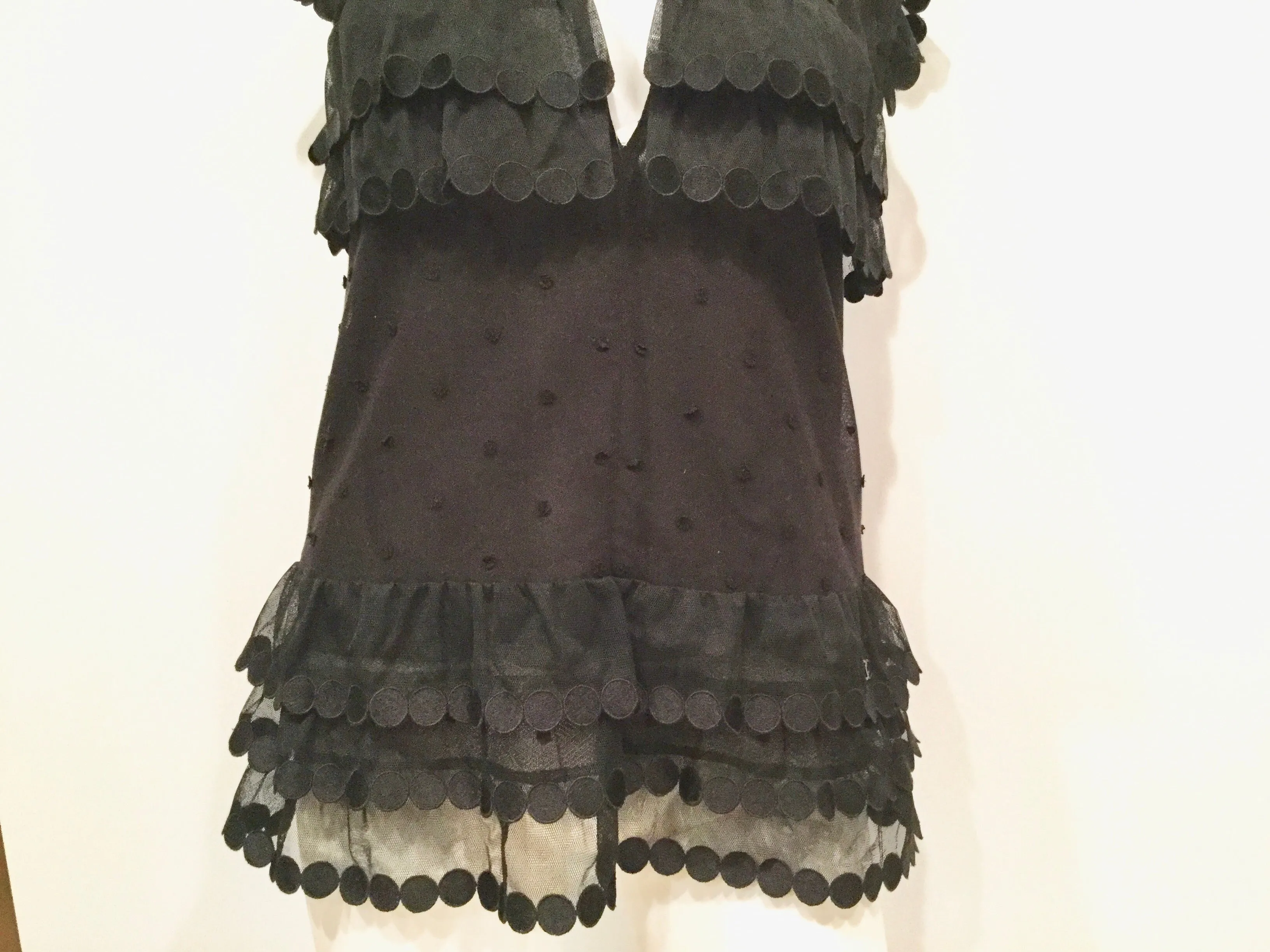 Chanel 04P 2004 Spring Black Sheer Lace Pearl Top Blouse lace, pearls,rufflesUS 6