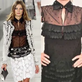 Chanel 04P 2004 Spring Black Sheer Lace Pearl Top Blouse lace, pearls,rufflesUS 6