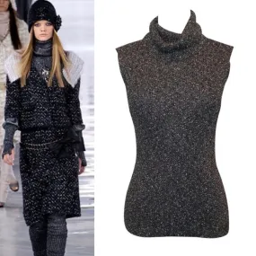 Chanel 05A 2005 Fall Gray Metallic Knit Sleeveless Turtleneck Sweater Top FR 38