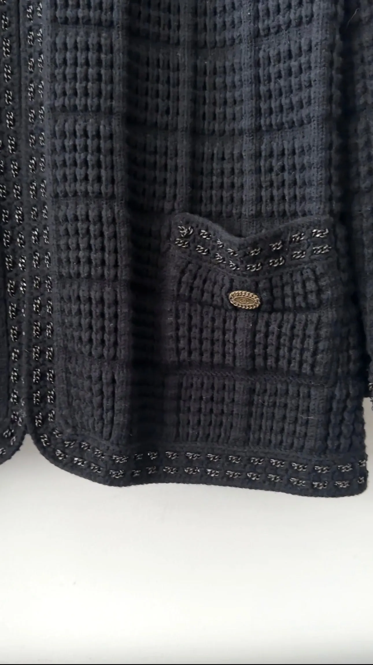 Chanel 05A Black Textured Knit Cardigan Sweater with Chain Trim