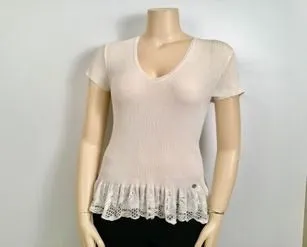 Chanel 06P 2006 Spring white ribbed Lace T-shirt Tee Top FR 46 US 10-12