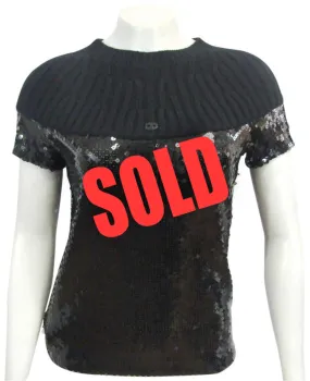 Chanel 07A 2007 Fall Autumn Black Sequins Short Sleeve ribbed cashmere sweater top blouse FR 38 US 4