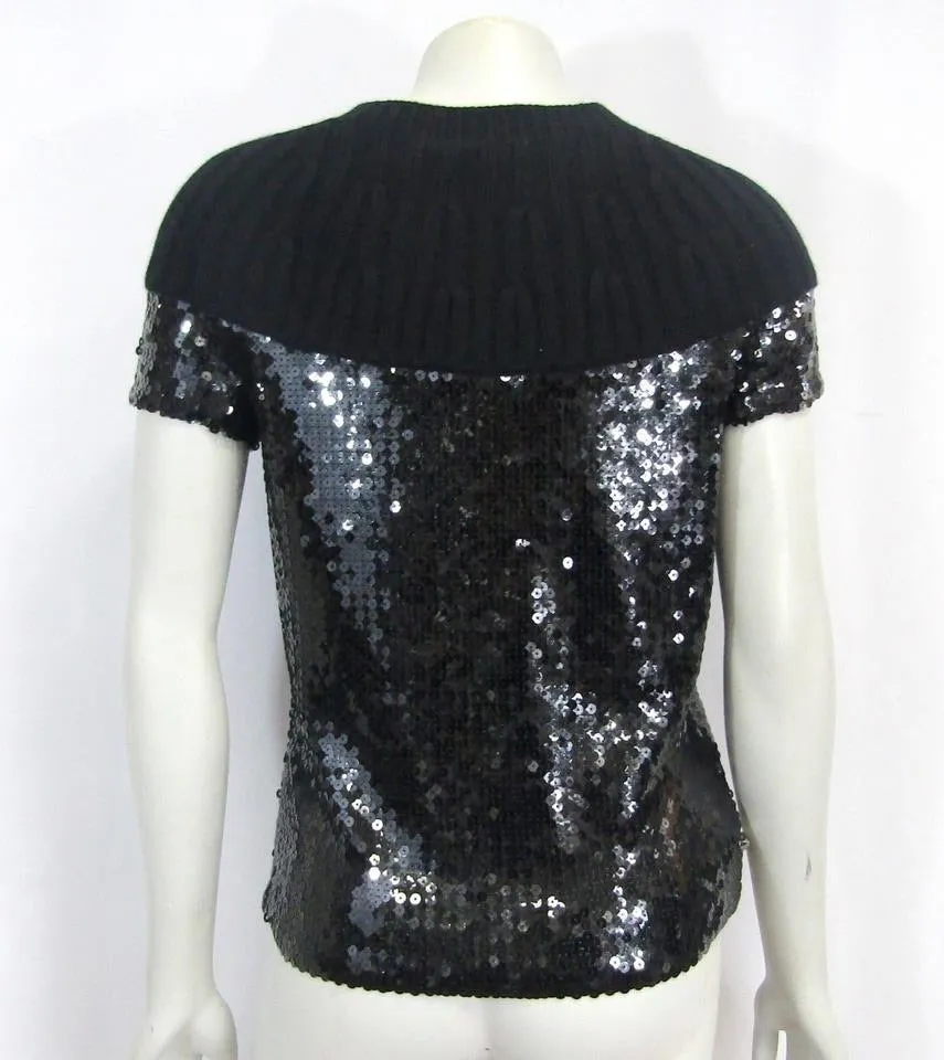 Chanel 07A 2007 Fall Autumn Black Sequins Short Sleeve ribbed cashmere sweater top blouse FR 38 US 4