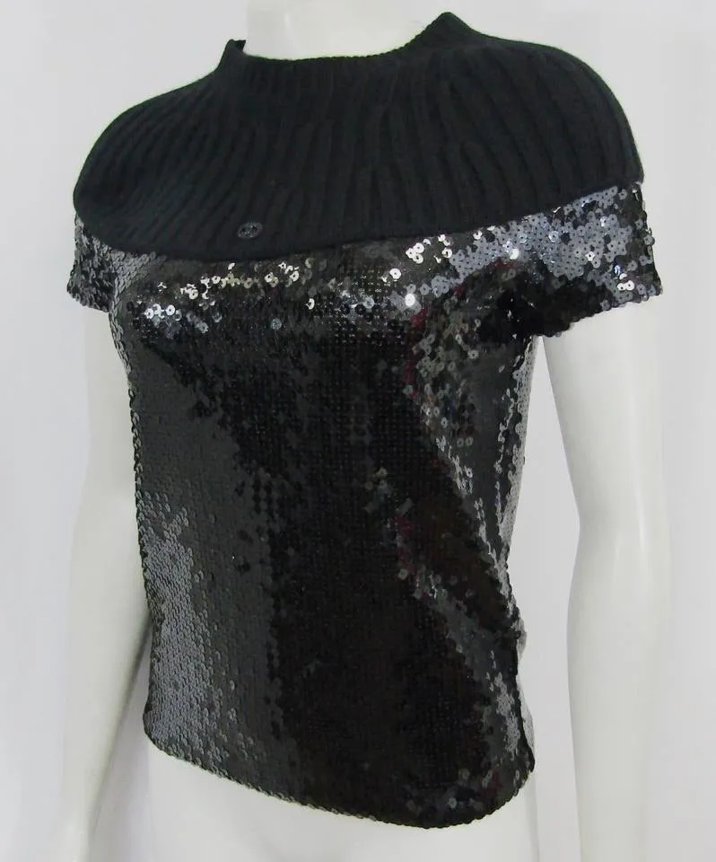 Chanel 07A 2007 Fall Autumn Black Sequins Short Sleeve ribbed cashmere sweater top blouse FR 38 US 4