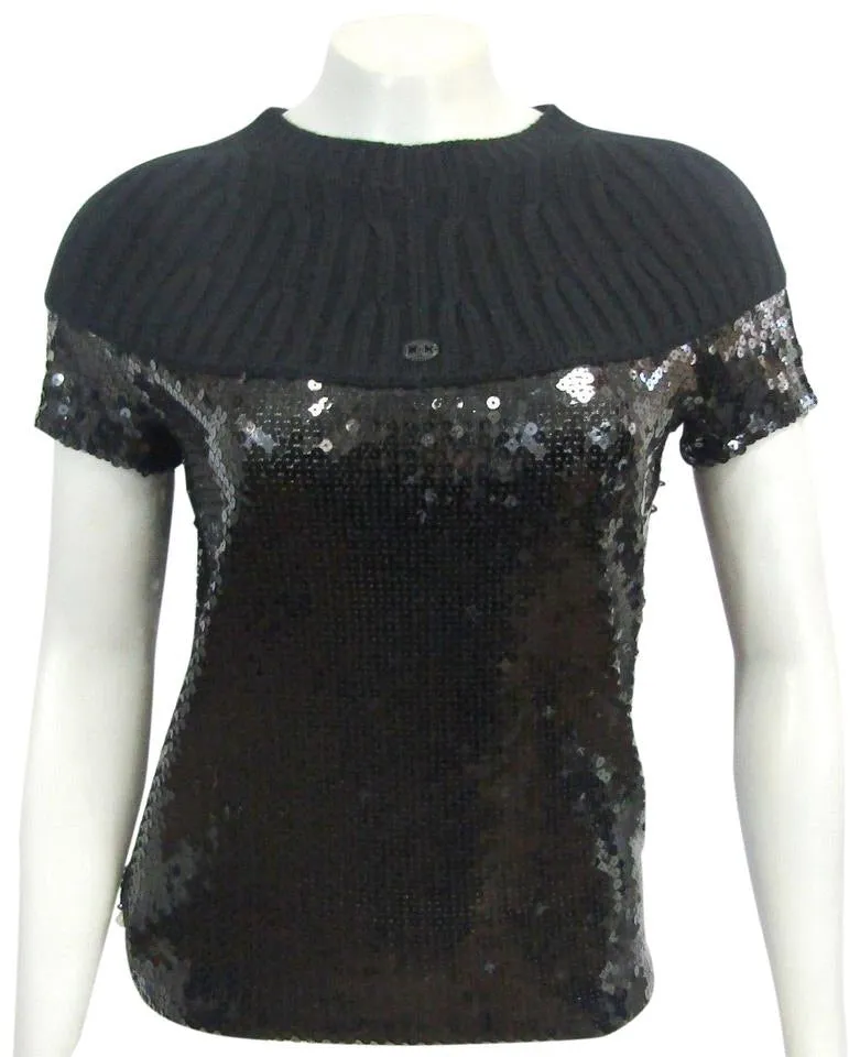 Chanel 07A 2007 Fall Autumn Black Sequins Short Sleeve ribbed cashmere sweater top blouse FR 38 US 4