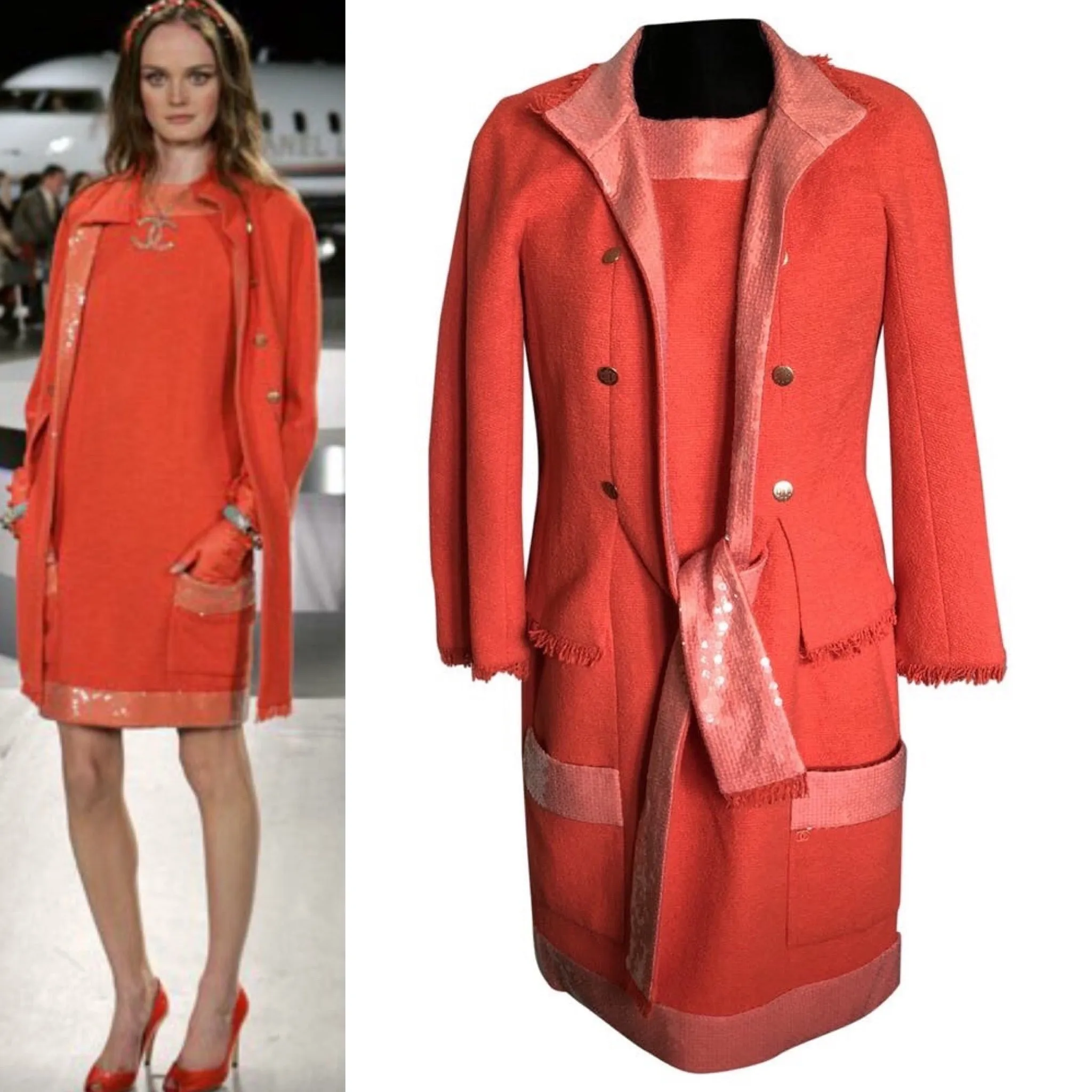 Chanel 08C Resort Cruise Coral Fringe Dress Jacket Tweed Sequin Set FR 42 US 8/10