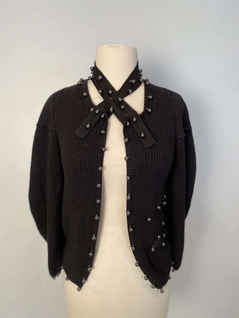 Chanel 09P 2009 Spring black CC logo knit silk cardigan with grey pearls FR 36 US 4