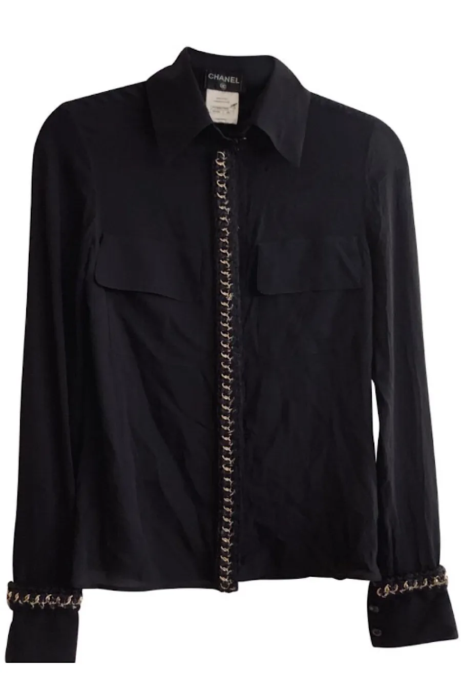 Chanel 11A, 2011 Fall black Blouse top w chain tweed trim FR 42 US 8