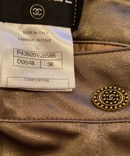 Chanel 12A, 2012 Paris Bombay Fall Stretchy Gold Metallic Pants Leggings FR 38 US 4/6