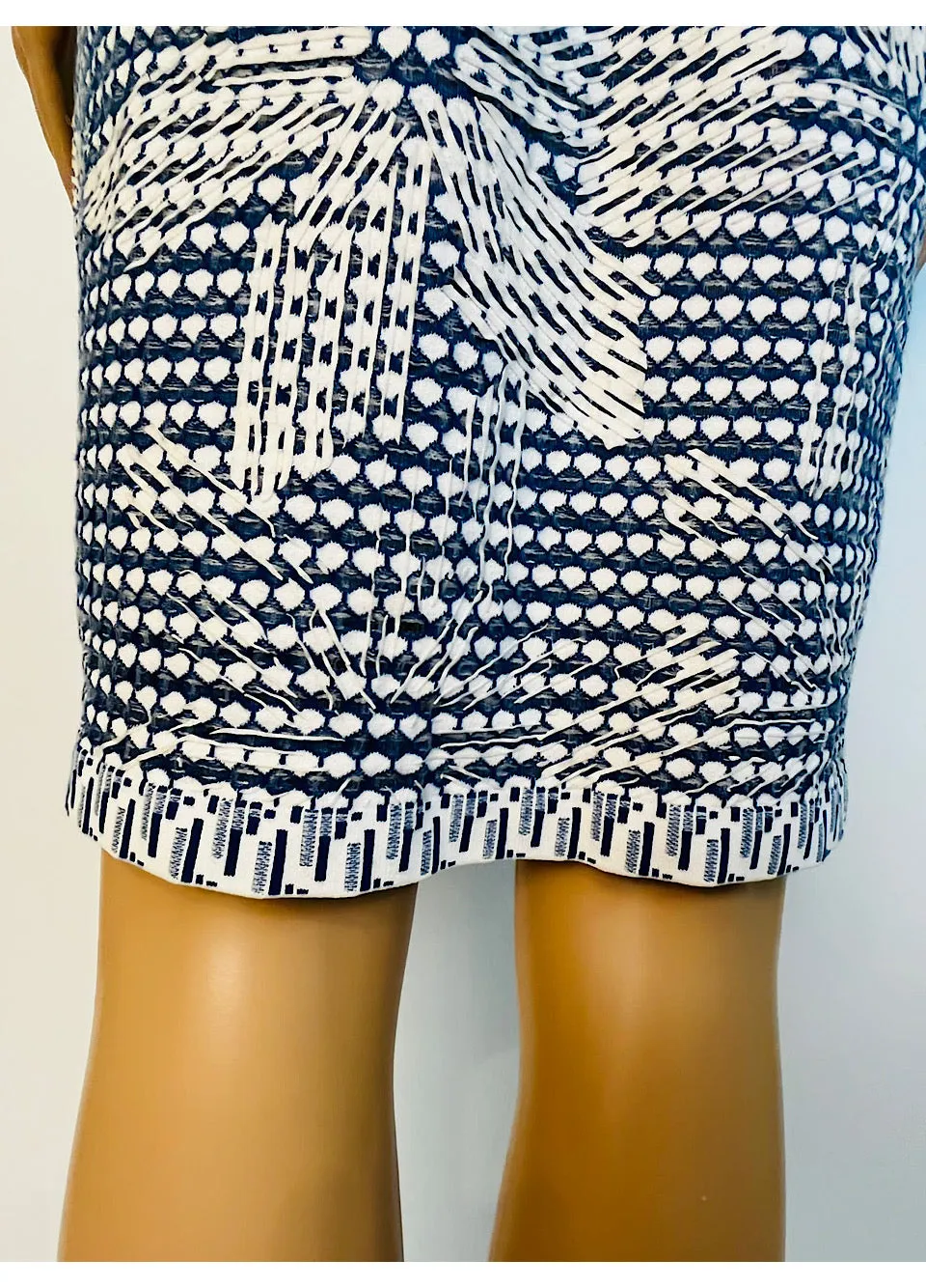 Chanel 14P 2014 Spring Navy Blue White Geometric Sheath Dress FR 40 US 6/8