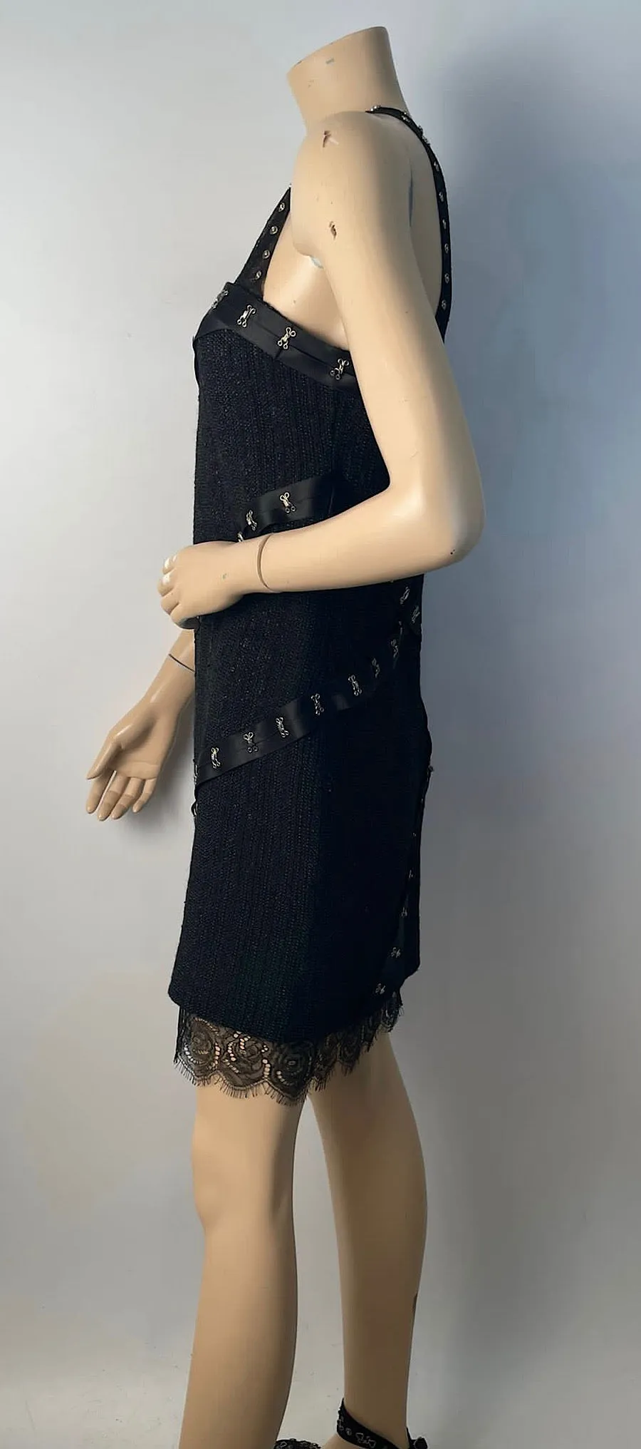 Chanel 2003 Fall 03A Snap Collection Black Tweed Boucle Satin with Camellia lace dress US 4