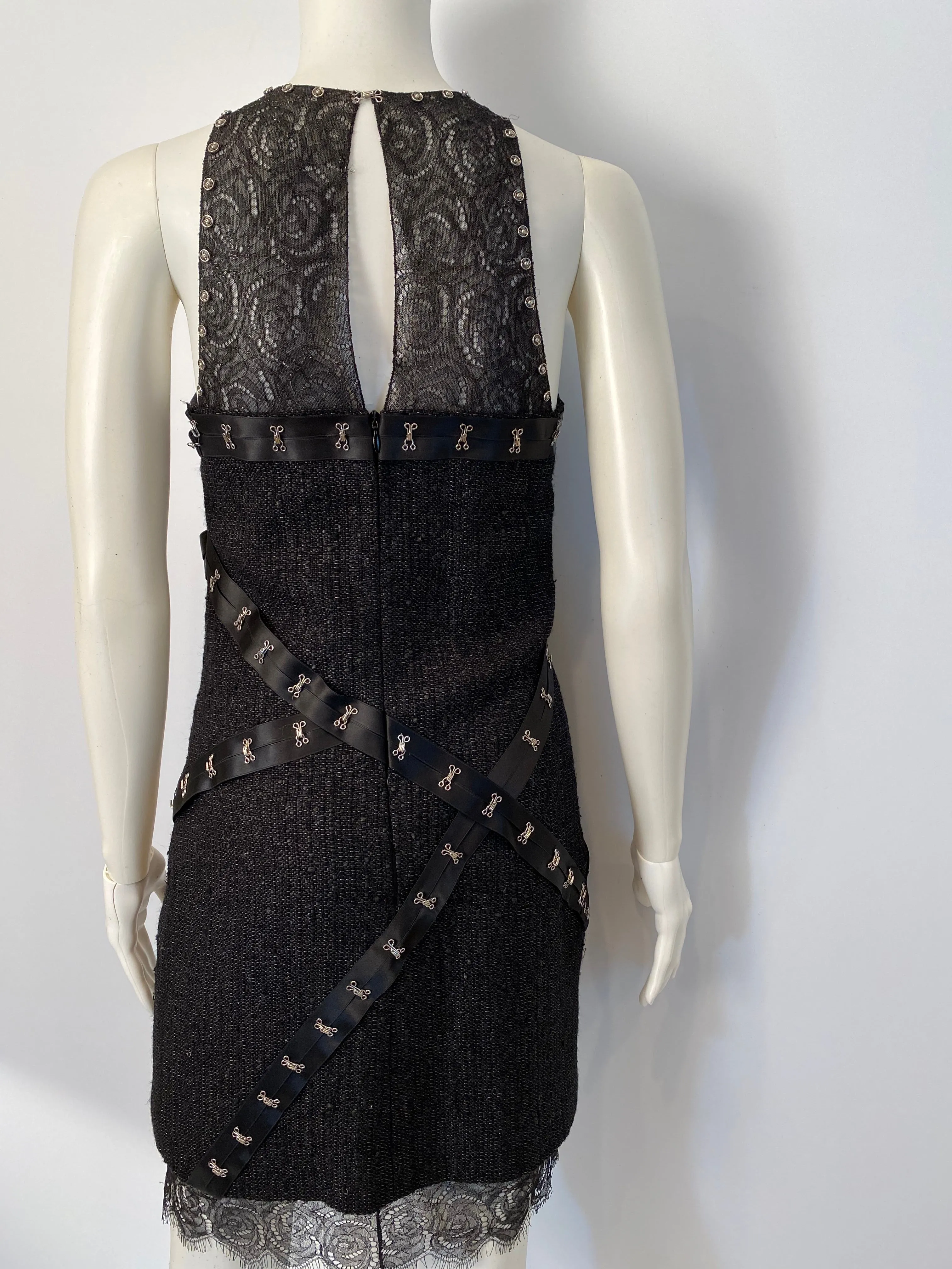 Chanel 2003 Fall 03A Snap Collection Black Tweed Boucle Satin with Camellia lace dress US 4