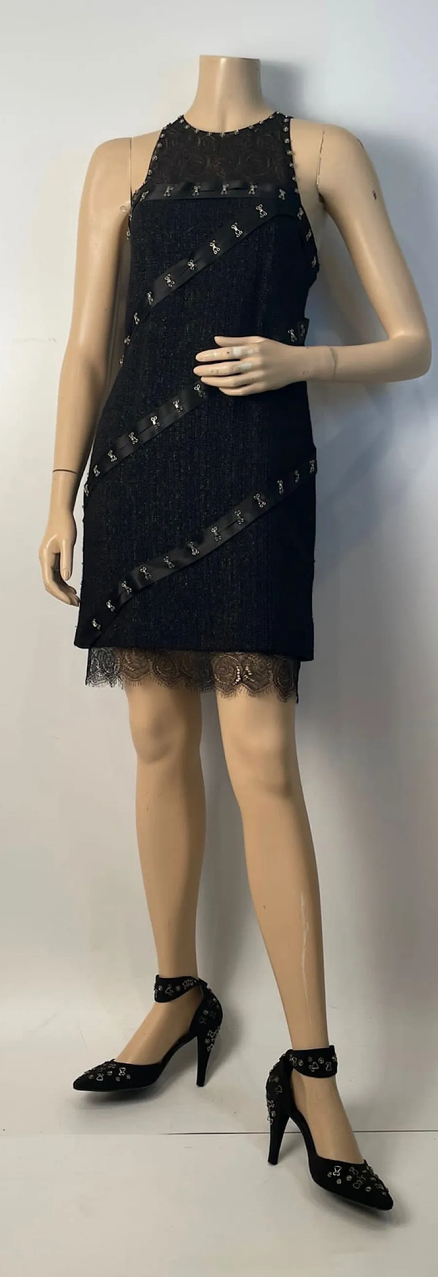 Chanel 2003 Fall 03A Snap Collection Black Tweed Boucle Satin with Camellia lace dress US 4