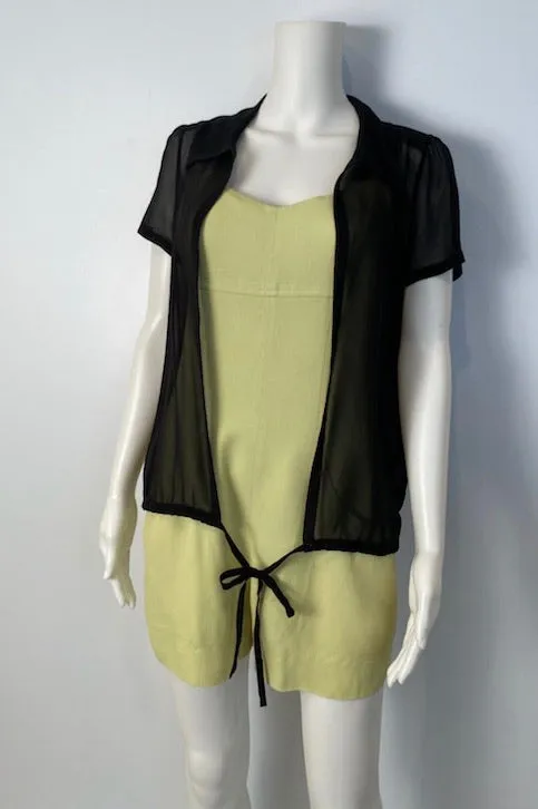 Chanel 2004 Cruise 04C Black Silk Chiffon Short Sleeve Sheer Drawstring Blouse Top FR 36 US 2/4