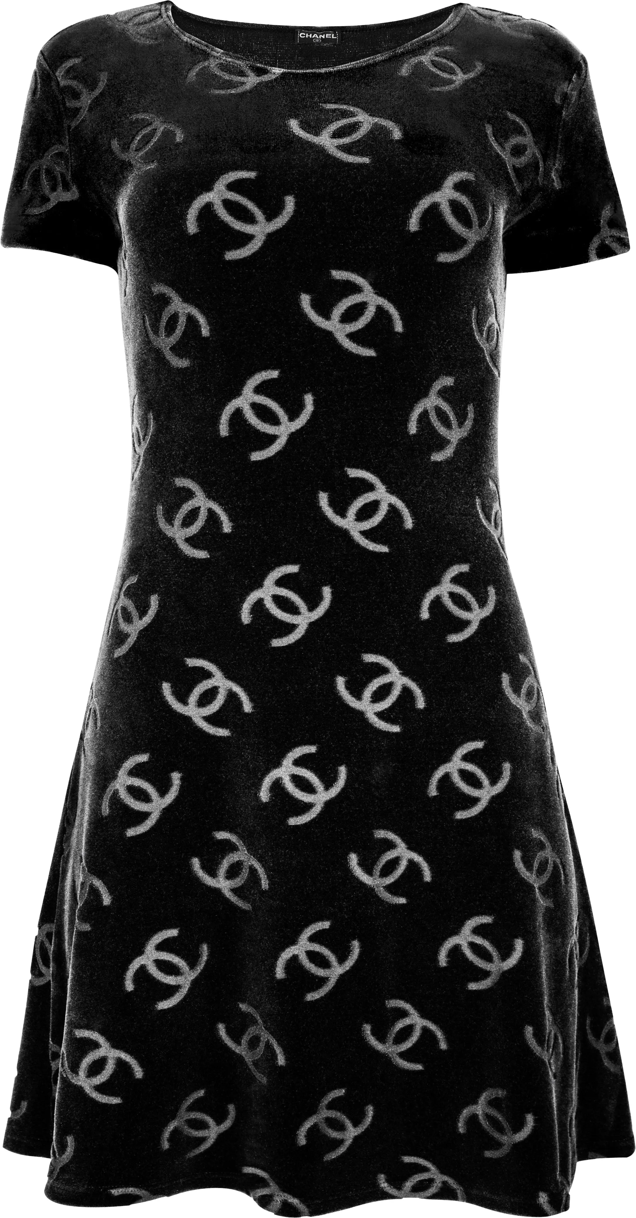 Chanel Black Velour Logo Spring 1996 Mini Dress