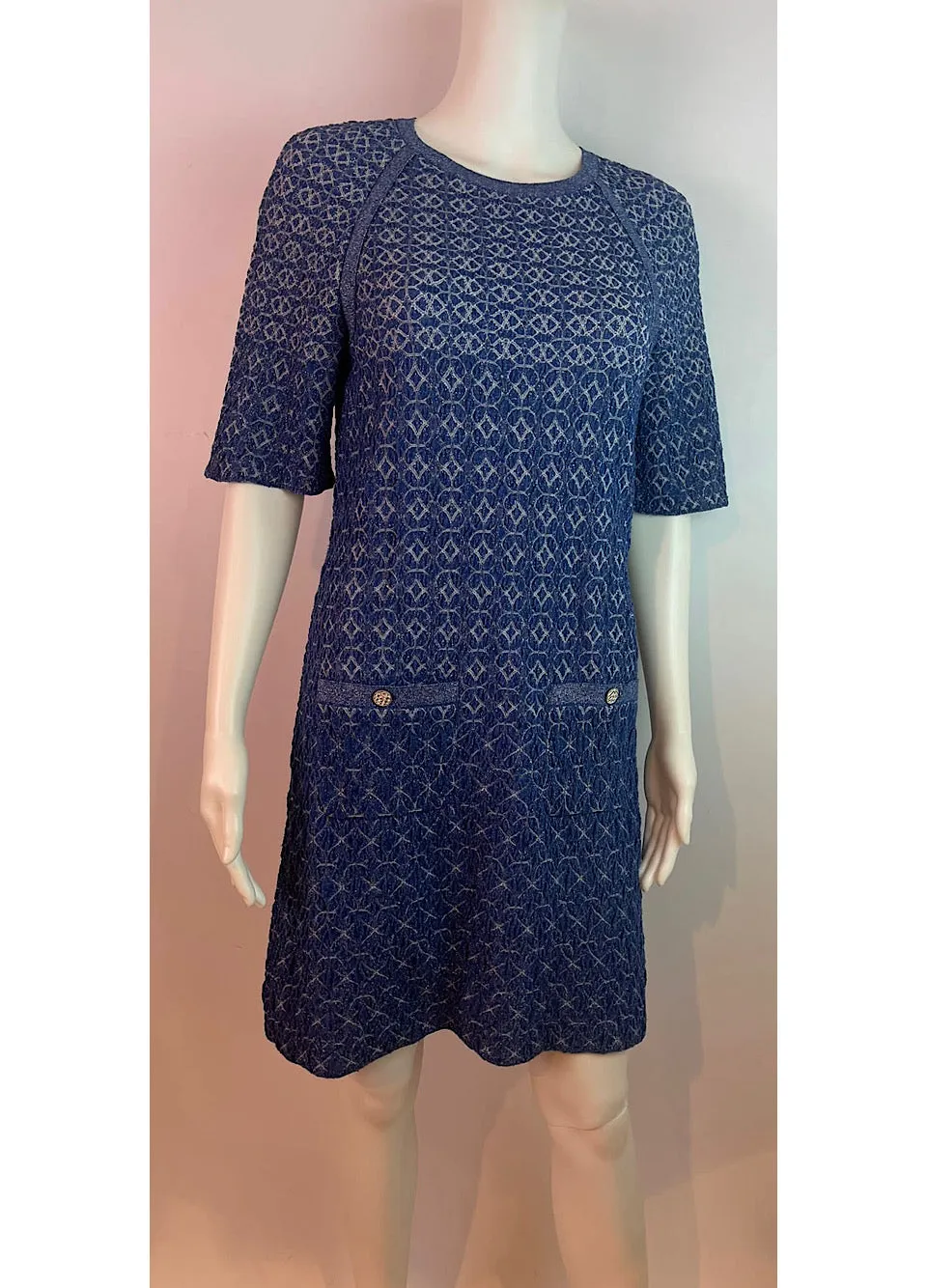 Chanel Blue White Silver Sparkle Geometric Stretch Dress FR 36 US 2/4/6