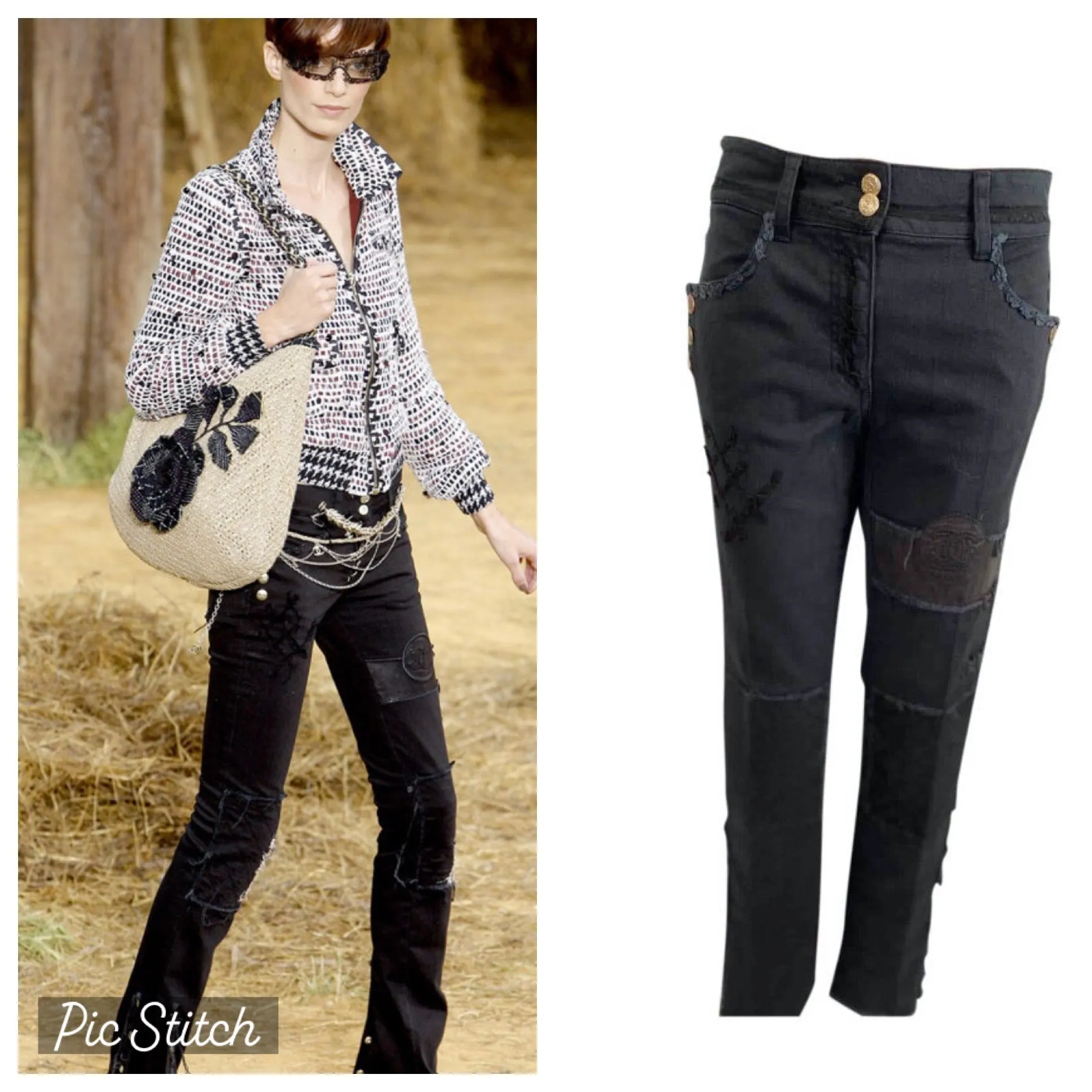 Chanel 12P Black Denim Jeans with Leather Patchwork, Spring 2012 Runway Collection, French Size 38 / US Size 4