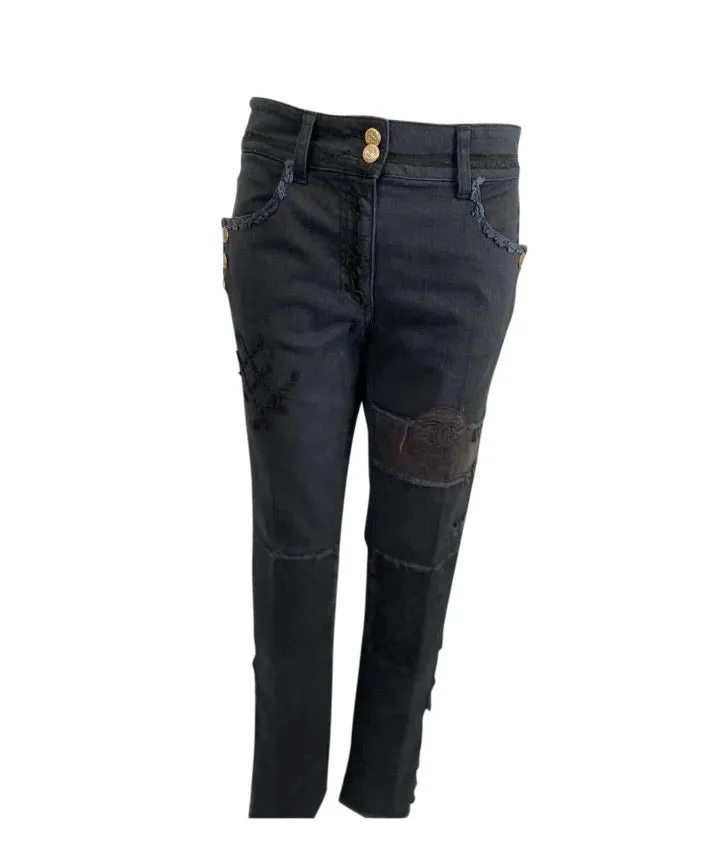 Chanel 12P Black Denim Jeans with Leather Patchwork, Spring 2012 Runway Collection, French Size 38 / US Size 4