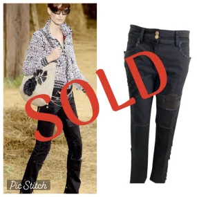 Chanel 12P Black Denim Jeans with Leather Patchwork, Spring 2012 Runway Collection, French Size 38 / US Size 4