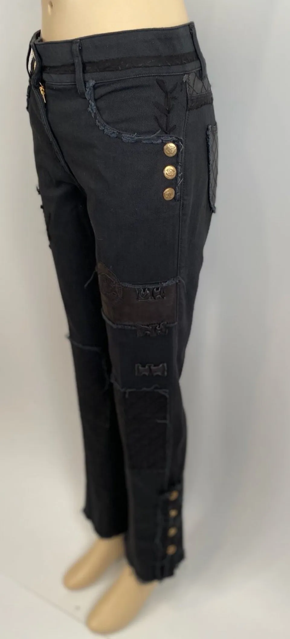 Chanel 12P Black Denim Jeans with Leather Patchwork, Spring 2012 Runway Collection, French Size 38 / US Size 4