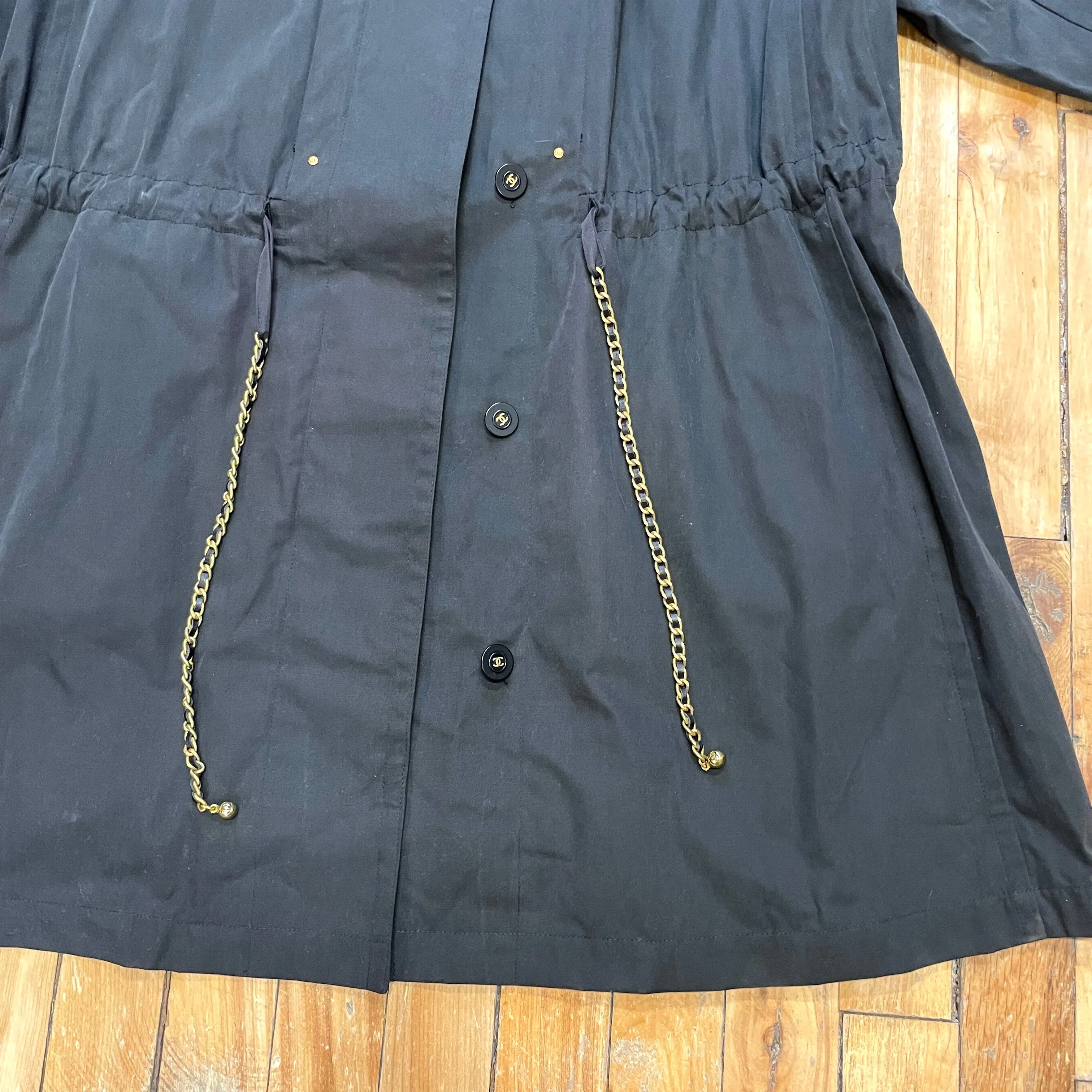 Chanel Vintage Designer Cotton Drawstring Jacket with Golden Accents and Logo Buttons Size M